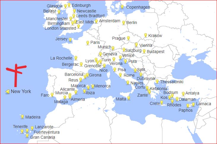 Map of Jet2 destinations